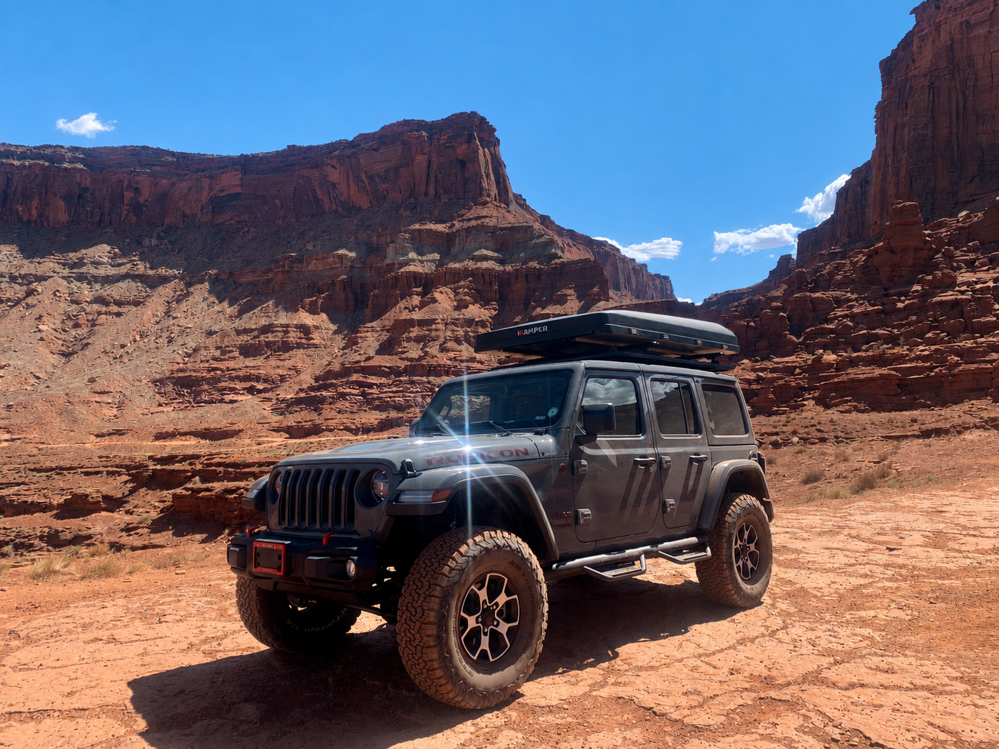 Overland vehicle management by Peak Overland featuring Sting, a privately owned Jeep Wrangler Rubicon in Moab